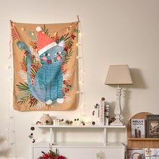 aspasia 你好聖誕老人貓聖誕面料海報, 哈囉聖誕貓, 130 x 150 cm