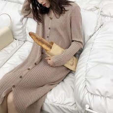 PEONIST 寬鬆版V領鈕扣長版針織連身裙, 米色