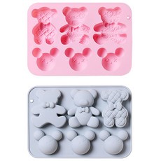 3格矽膠小熊造型模具+3格矽膠米奇頭造型模具 2入, 1套, 藍色, 粉色