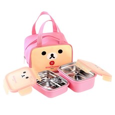 리락쿠마 이중 스텐 2단 얼굴 도시락 + 가방, 아이보리, 1세트