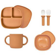 LALABY 孩童食品餐具4入組, 02黃色, 便當蓋+餐具+便當盒+小碗+杯子