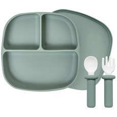 랄라비 유아용 아이주도 이유식 플러스 2종 세트, 흡칙식판 + 플러스 스푼 포크 + 케이스, 03 Green