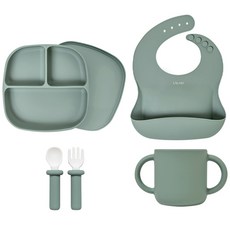 랄라비 유아용 아이주도 이유식 플러스 식기 4종 세트, 03 Green, 흡칙식판 + 플러스 스푼 포크 + 케이스 + 턱받이 + 컵, 1세트