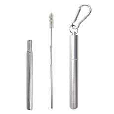 ROMEO 不鏽鋼 三段式吸管+三段式清潔刷+吊環收納盒, 銀色, 1組