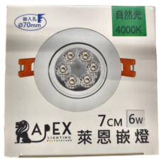 APEX 艾沛斯 白殼萊恩嵌燈 嵌入孔 自然光 4000K 7cm 6W, 1組