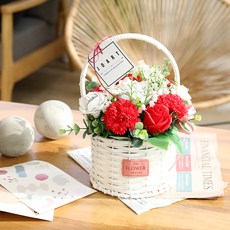 JOART 人造花 父母節 香皂花 玫瑰 康乃馨 花籃 L, 白色