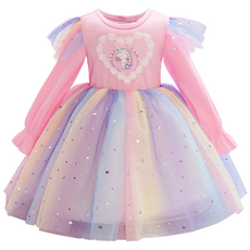 女童愛心珍珠獨角獸彩虹紗裙洋裝