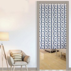 LASSLEY 蕾絲妮 日式棉麻門簾, 葉葉相連 白色 + 藍色 + 灰色