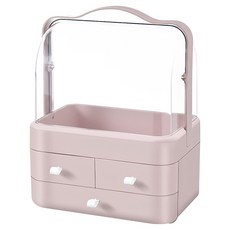化妝品防塵收納箱 一般款 三抽屜帶提把, 櫻花粉, 1個
