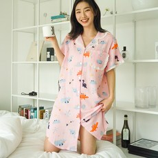 파란 여성용 통기성 공룡 프릴 단추 원피스 잠옷