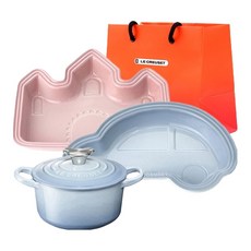 LE CREUSET Baby 鑄鐵鍋 B套組 3件組 + L號購物袋, 牛奶粉(午餐盤A), 海岸藍(午餐盤B, 圓形鍋), 1套, 午餐盤A + 午餐盤B + 圓形鍋 + 購物袋