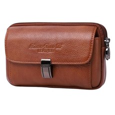 Xiao Duo Li LEATHER 真皮頭層牛皮雙拉鍊男士腰掛包手機包 18 x 11 x 5cm 橫款咖, 1個