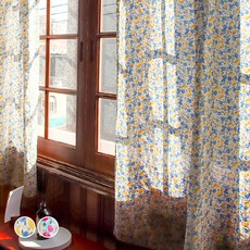 Maison Textile 復古風花卉穿桿式小窗簾, 藍色花