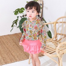 GOING KIDS 女童款花卉荷葉邊長袖泳衣+短泳裙