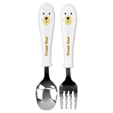 kitchen U 幼兒小熊不鏽鋼湯匙叉子組, 1套, 白色, 勺子+叉子