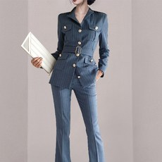 PAPERMENTS 女款排釦腰帶修身外套+長褲套裝