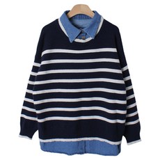 플랜데이 여성용 데님 셔츠 레이어드 배색 단가라 긴팔 니트티