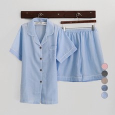 GLAM GONGGAM 情侶款涼感泡泡紗小格紋短袖睡衣上下套裝