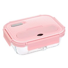 HICHEF 掌廚 分離玻璃保鮮盒 6：4完美分隔 食物不混味 耐熱玻璃 盒蓋內附餐具, 粉紅色 1050ml, 1個