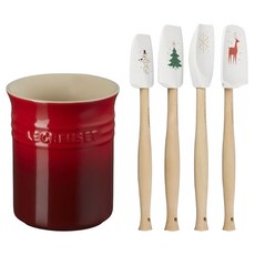 LE CREUSET 歡樂耶誕器皿座鏟具套組, 櫻桃紅, 1套, 皿座 1L + 矽膠鏟具 4支