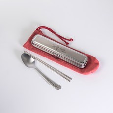 RAONNURI 攜帶式不鏽鋼餐具套組 S號, 紅色, 湯匙盒+湯匙+筷子+收納袋, 1組