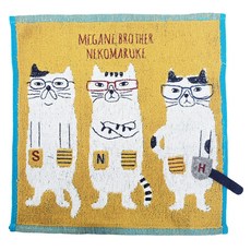 kUSUgURU JAPAN 日本眼鏡貓 NEKOMARUKE貓丸系列 絨毛刺繡提花毛巾手帕, 芥末黃, 1條