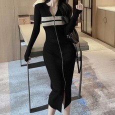 ViVEMO 修身長版拉鍊線條針織連身裙 00569, 黑色