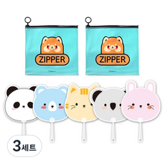 애니멀 프랜즈 부채 5p + 애니멀 지퍼백 미디움 2p 세트, 민트(지퍼백), 랜덤발송(부채), 3세트