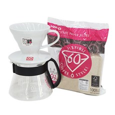HARIO V60 XVD陶瓷手沖咖啡過濾杯+咖啡濾紙組 1~2人份適用+量匙, 白色(滴頭)+黑色(咖啡壺)+棕色(濾紙), 1組