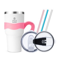 carry bottle Monster保溫杯+矽膠防滑手把+翻轉吸管杯蓋+吸管3入組, 白色(保溫杯),粉色(手柄), 900ml, 1組