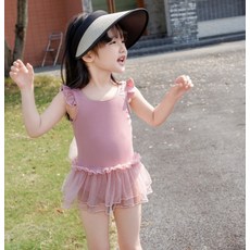 Iyumong 女童 Mirami 荷葉邊雪紡蕾絲連身泳衣套裝