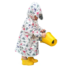 愛北鼻 兒童加厚加強防水雨衣 恐龍圖案 加高領口防水, 侏儸紀公園 白色, 130~140cm