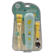 LiLFANT 兒童用 The Stick Max 餐具3件組, 1組, 湯匙 + 筷子 + 收納盒, 綠色 + 黃色