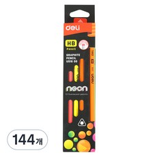 델리 네온 삼각연필 HB, 핑크, 옐로우, 그린, 오렌지, 144개