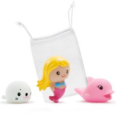 Yekomam LED沐浴水玩玩具朋友3種+網C套裝, 小美人魚款(粉色)+海豹款(白色+海豚(粉色)