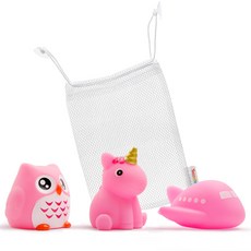 Yecomam LED發光浴室玩水玩具 3款+網袋 D款組, 獨角獸款(粉色)+貓頭鷹款(粉色)+飛機款(粉色)