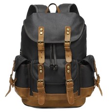 過蠟防潑水帆布男士大容量雙肩包 CLB01, 黑色 + 黃棕色, 1個