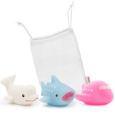 Yecomam LED沐浴玩具 3入+網袋 E組, 海豚款(白色)+飛機款(粉色)+鯨鯊款(天藍色)
