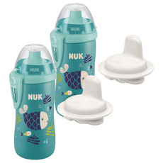 NUK First Choice矽膠吸嘴運動水壺+替換鴨嘴組, 魚, 300ml, 2組