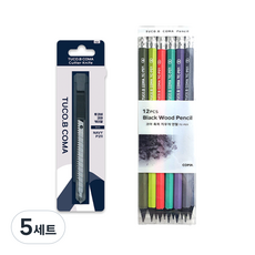 Tucobi Coma Comfort Grip Cutter 刀具專用塗層黑色刀片 + Coma 黑色木橡皮擦鉛筆 TC-P01 B 12p 套裝, 5組, 隨機發貨（切刀）