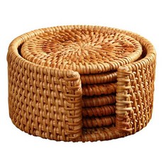 Storybing 籐編杯墊 6入 + 收納架組合, 混合色