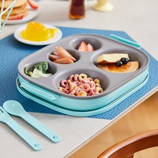 Pot de miel 塑膠餐盤便當盒組, 淺綠色, 餐盤+蓋子+湯匙+叉子