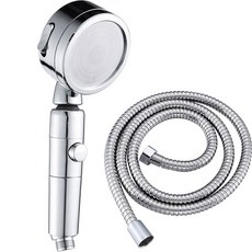 Winprice 按壓式3段調節省水蓮蓬頭 銀色+不鏽鋼軟管 1.5m, 1組, 銀色