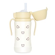 GROSMIMI 一鍵彈蓋不鏽鋼雙耳吸管學習杯, 奶油黃(小熊印花), 300ml, 1個