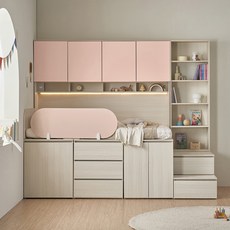 꿈꾸는요셉 디노 수납 벙커 책상 침대 프레임 + 독립 미니스프링 매트리스 세트, 핑크(프레임), 단일색상(매트리스)