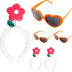 PARTYSHOW 水貂絨花朵髮帶 3入 + 愛心眼鏡 3入 套組, 1套, 玫瑰色(髮帶), 橘色(眼鏡)