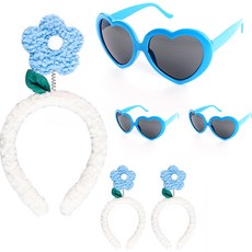 PARTYSHOW 水貂絨花朵髮帶 3入 + 愛心眼鏡 3入 套組, 1套, 藍色(髮帶), 淺藍色(眼鏡)