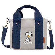 Kiiwi O 史努比 多隔層厚磅帆布兩用托特包 - 350克帆布 提把10cm 肩帶75-130cm, 24 x 13 x 19cm, 灰藍色