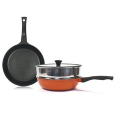 Kitchen-Art 韓國產鑽石塗層鍋具4件組, 混色, 平底鍋 28cm+深炒鍋 28cm+蒸籠 28cm+矽膠玻璃蓋 28cm, 1組