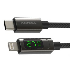 POLYWELL 寶利威爾 Lightning-Type-C 數位顯示PD快充線, 2m, 黑色, 1條